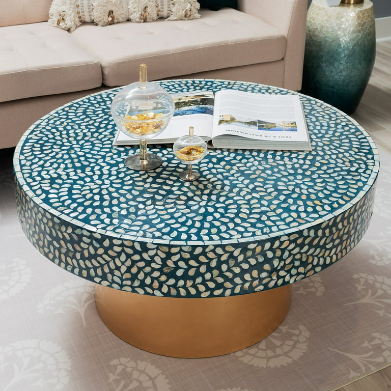 Linon Saxony Round Coffee Table Blue Mother of Pearl Walmart