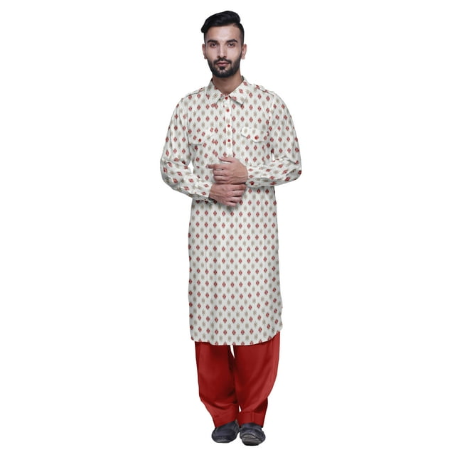 Atasi Kurta Pathani Imprimée avec Salwar pour Hommes Ensemble Ethnique d'Été Indien