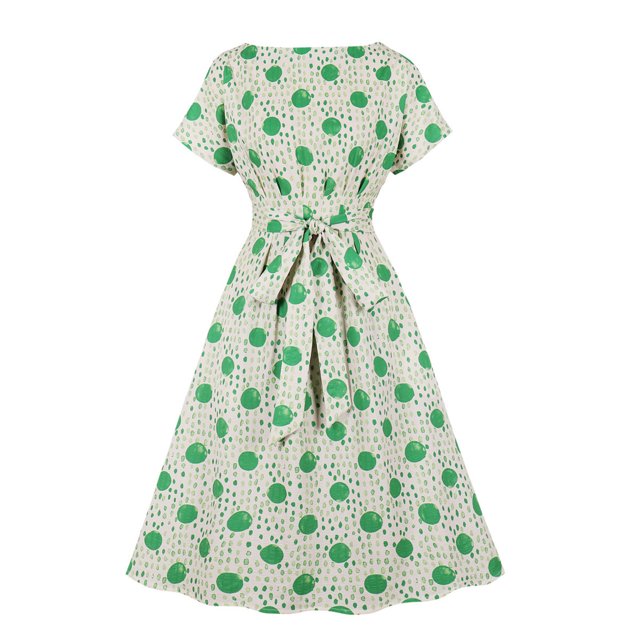 Vestido con cordones de lunares verdes de manga corta con cuello redondo vintage para mujer Pompotops ghjkhdj15002