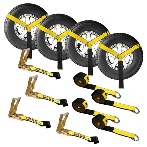Mega Cargo Control USA 4 Pack 2" x 10' Side Mount Wheel Net Tie Down w/ Ratchet Lasso Strap Flat Hook WLL: 3333 lbs Yellow