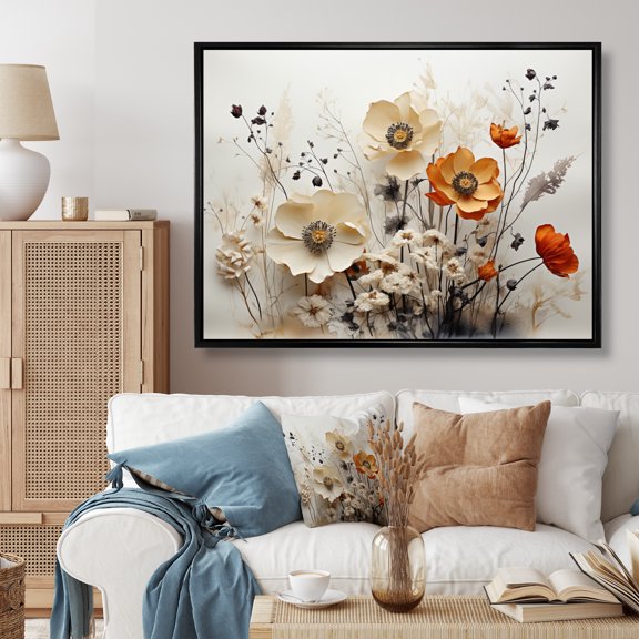 Designart "Bohemian Earthly Floral composition II" Abstract Floater Framed Canvas Wall Art