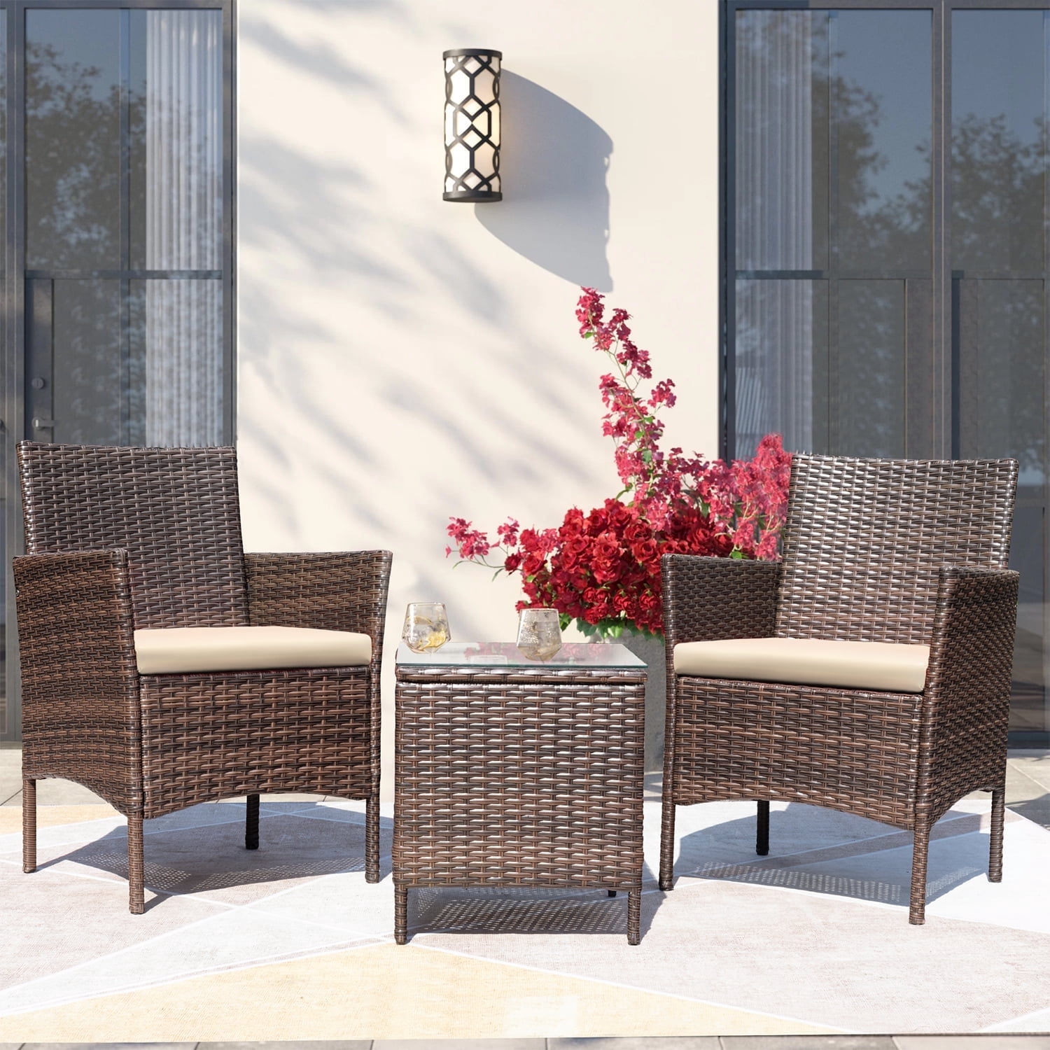 Devoko 3 Pieces Patio Furniture Set Outdoor Conversation Set Wicker Bistro Chairs Set of 2 with Coffee Table for Porch Backyard Balcony,, Brown/Beige