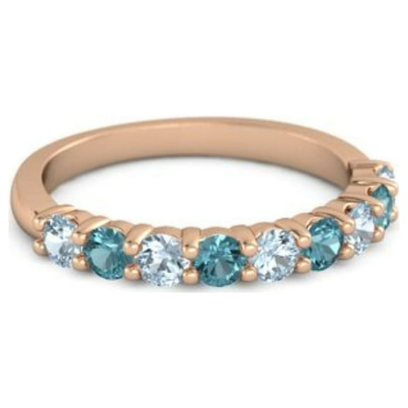 925 Silver Round 2.5MM Aquamarine London Blue Topaz Eternity Rose Plated Ring