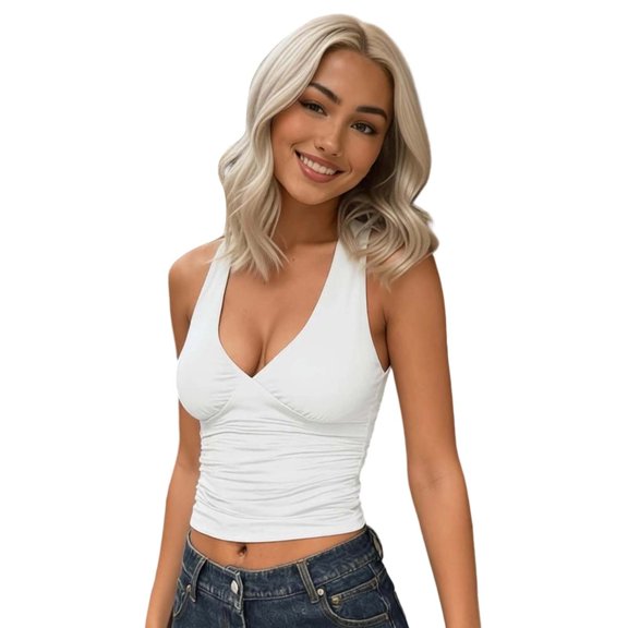 IDOCLOTHES Deep V Neck Ruched Cropped Tank Tops for Women Summer Casual Slim Fit Sleeveless Going Out Crop Camisole Shirts White M