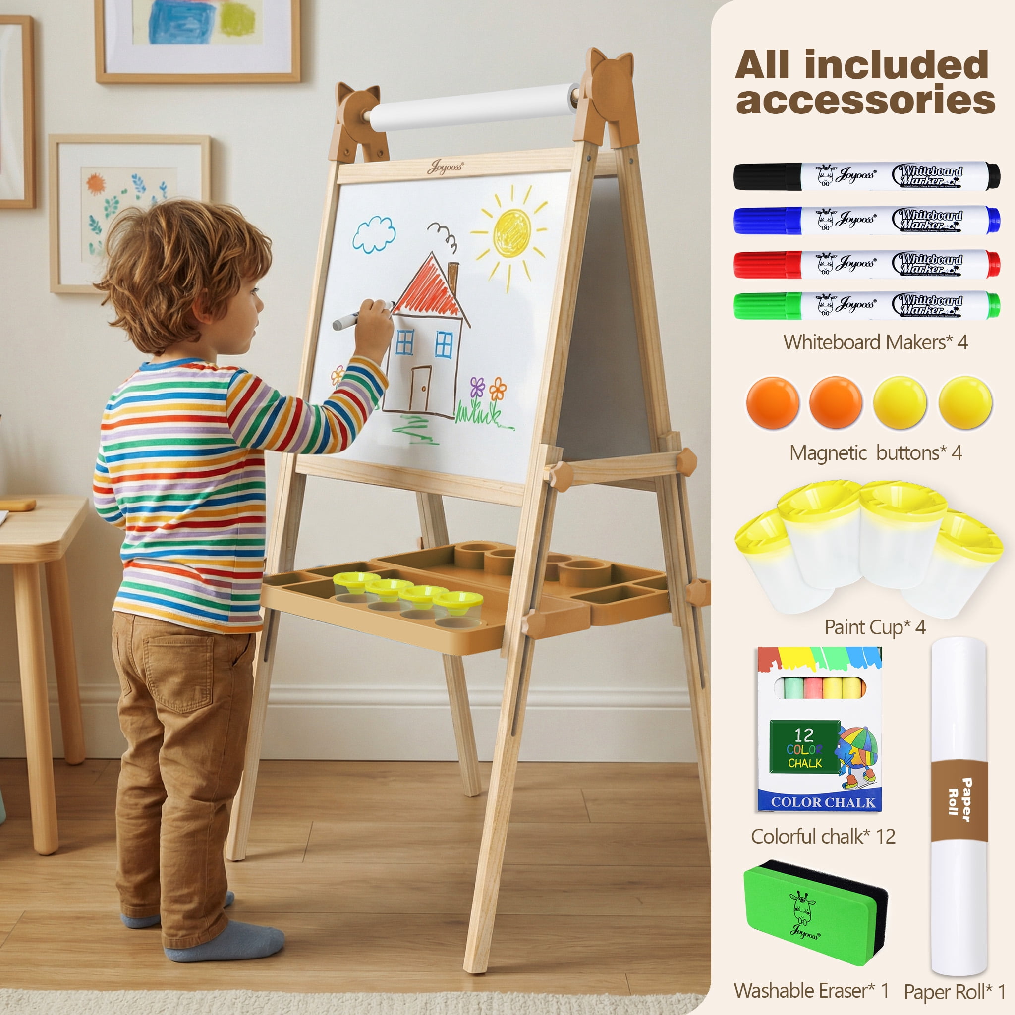 JOYOOSS Easel for Kids Ages 4-8 Easels for Toddlers Art Kids Easel Ages 8-12 Wooden Drawing Easels Double-Sided Magnetic Whiteboard Chalkboard with Paper Roll for Kid Dry Erase Board
