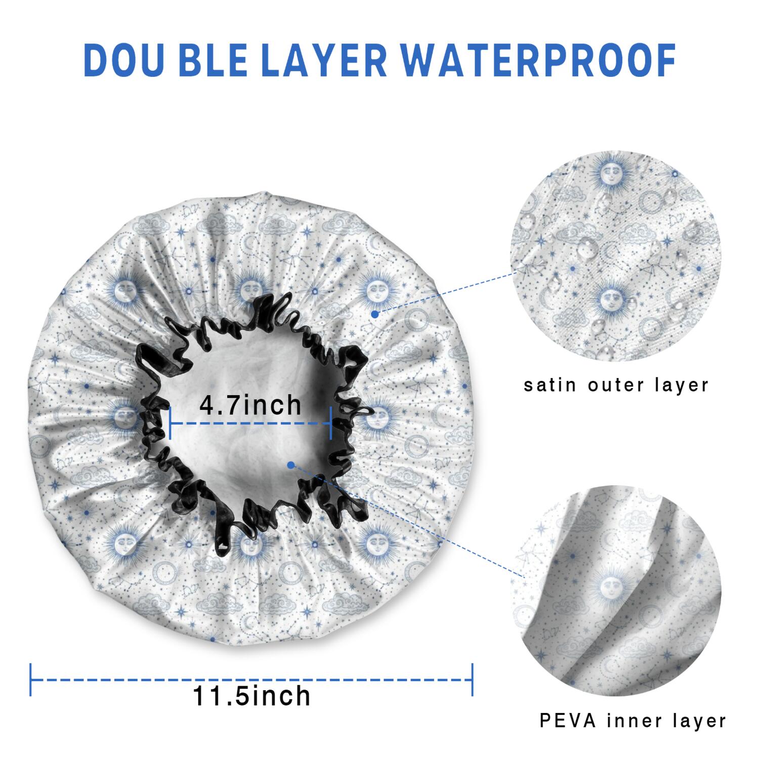 Shower Caps,White Blue Sun Moon Cloud Star Pattern Waterproof Shower Cap for Women 4 Pieces,Double Reusable Hair Cover for Shower PEVA Elastic Stretch Hem