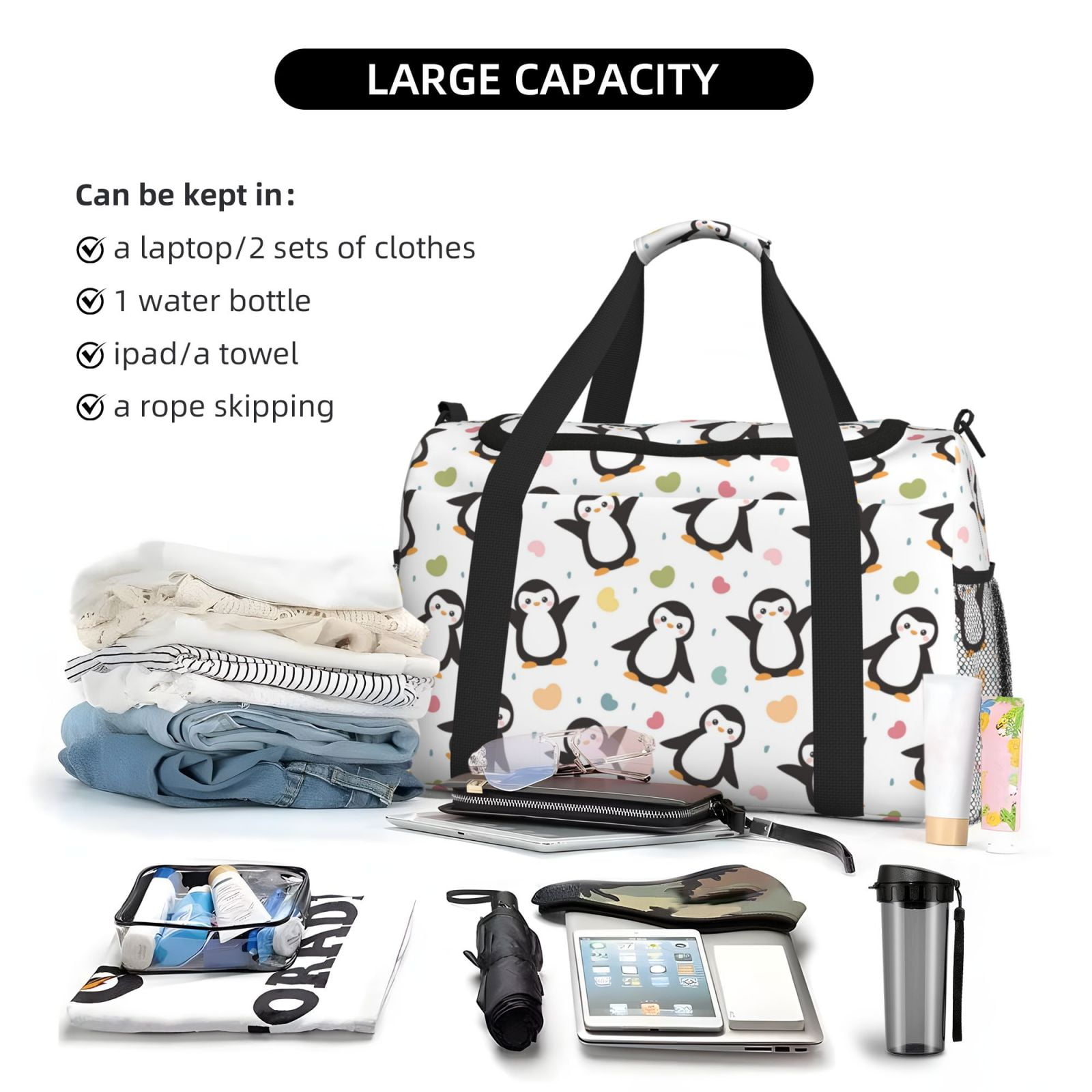 Kdxio Colorful Hearts Penguin Travel Duffel Bag Gym Bag Weekender Travel Bag Gym Bag for Women &Men Airplane Travel Essentials for Flying