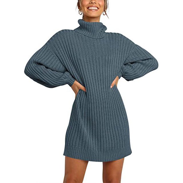 Vestidos De Suéter De Manga Larga, Vestido De Suéter De Punto Cómodo Hasta La Rodilla Cuello Alto De Rayas Verticales Para Citas Para Mujeres Para La Oficina
