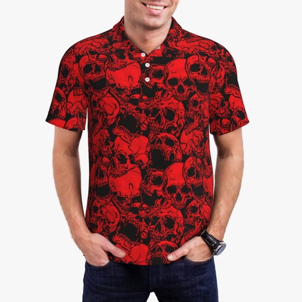Fotbe Red Skulls 3 Camiseta Polo de Golf para Hombre con Estampado – Camisa Deportiva Transpirable con Cuello Abotonado-Large