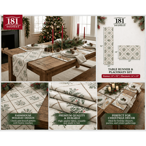 181 Degrees Christmas Table Runner 19x92 with Placemats 14x19 Set, Farmhouse Holiday Table Decor, Winter Dining Table Runner & Placemat Set