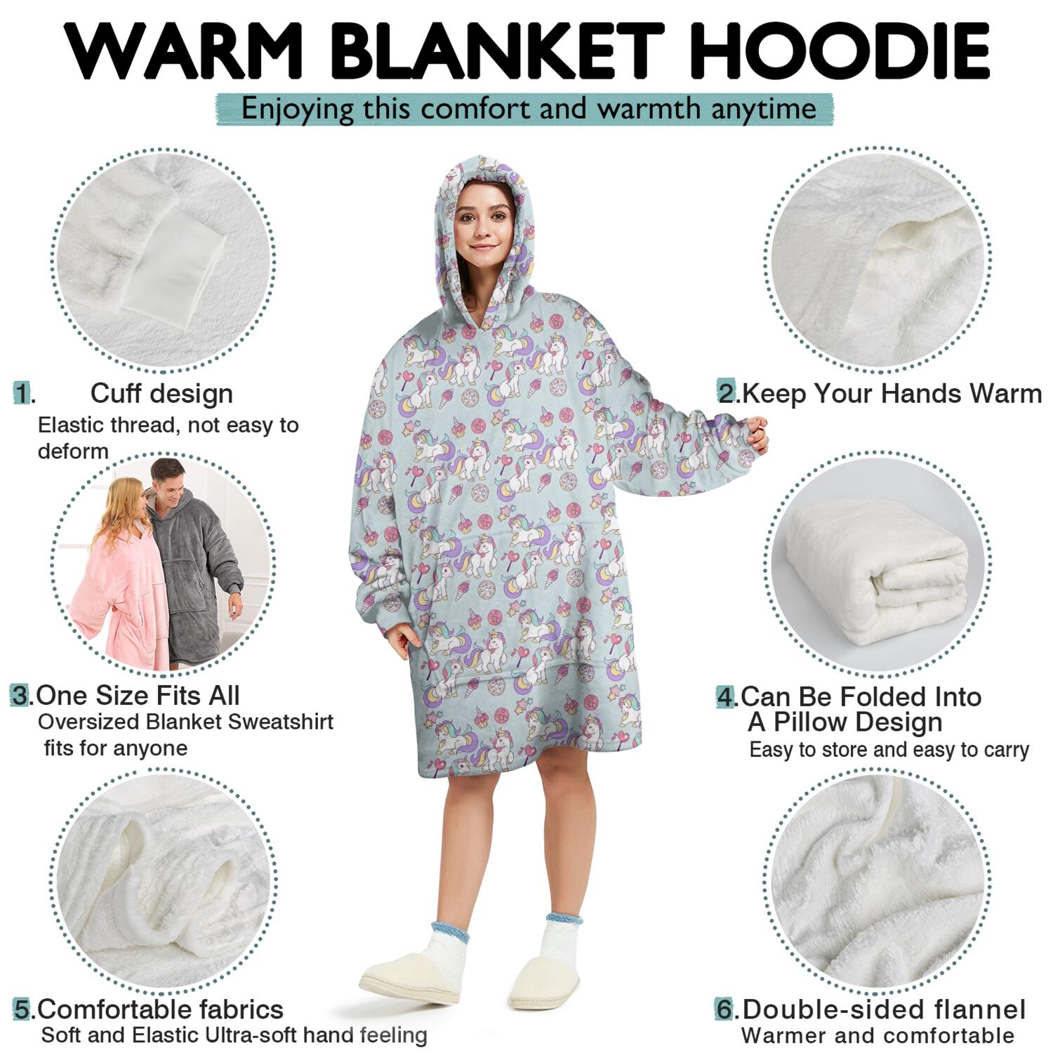 Wearable Oversized Blanket,Blue Cartoon Unicorn Lollipop Pattern Wearable Blanket Hoodie for Adults,Cozy Hooded Blankets with Super Pockets,Super Warm Fuzzy Pullover for Women & Men