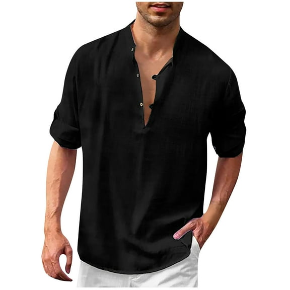gakvbuo Cotton Linen Henley Shirts For Men Summer Tops Baggy Casual Long Sleeve Loose Fit Summer Beach Blouse Shirt Wedding Yoga Shirt Hawaii Hippie Button Down T-Shirt For Men