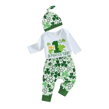 

Lieserram Baby Boy Irish 3 Piece Outfit 0 3 6 12 Months Shamrock Print Long Sleeve Rompers and Elastic Pants Beanie Set Fall Spring Clothes