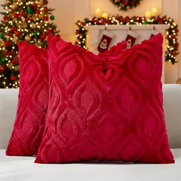 Christmas Throw Pillow Covers 22x22 Inch Set of 2, Soft Plush Decorative Faux Fur Red Solid Couch Pillow Covers, Accent Farmhouse Neutral Square Euro Pillow Cases for Sofa Bed Living Room