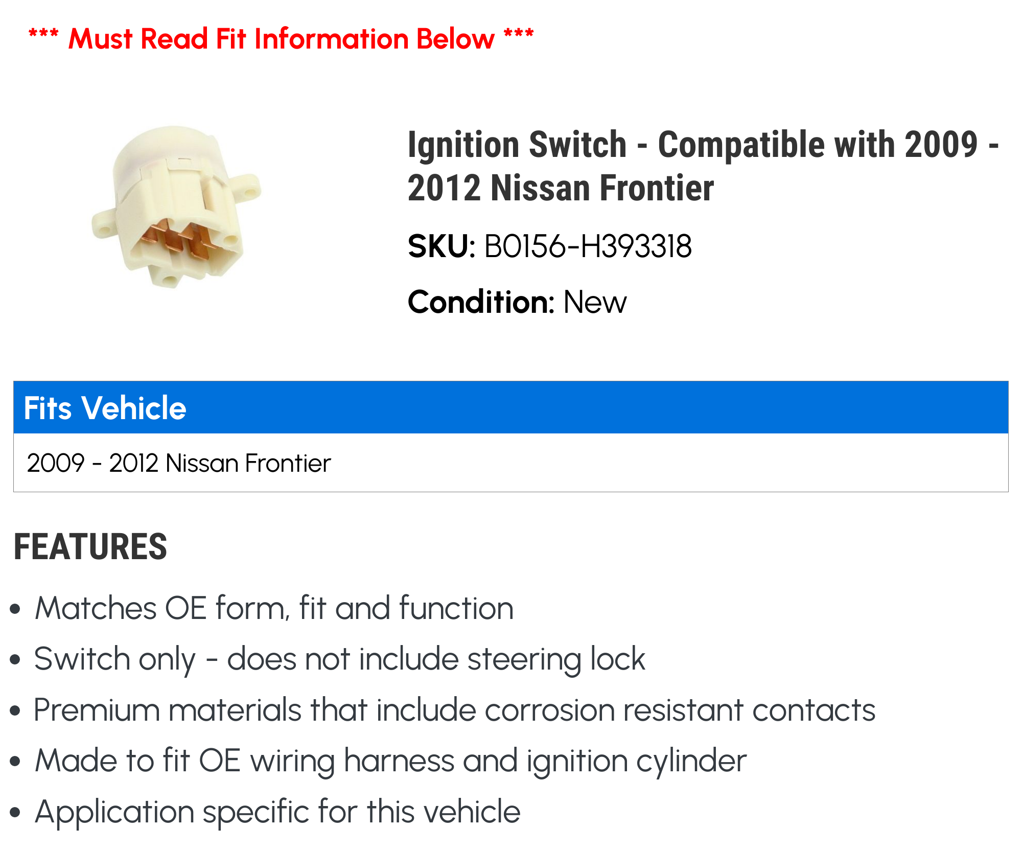 Ignition Switch - Compatible with 2009 - 2012 Nissan Frontier - Beck Arnley