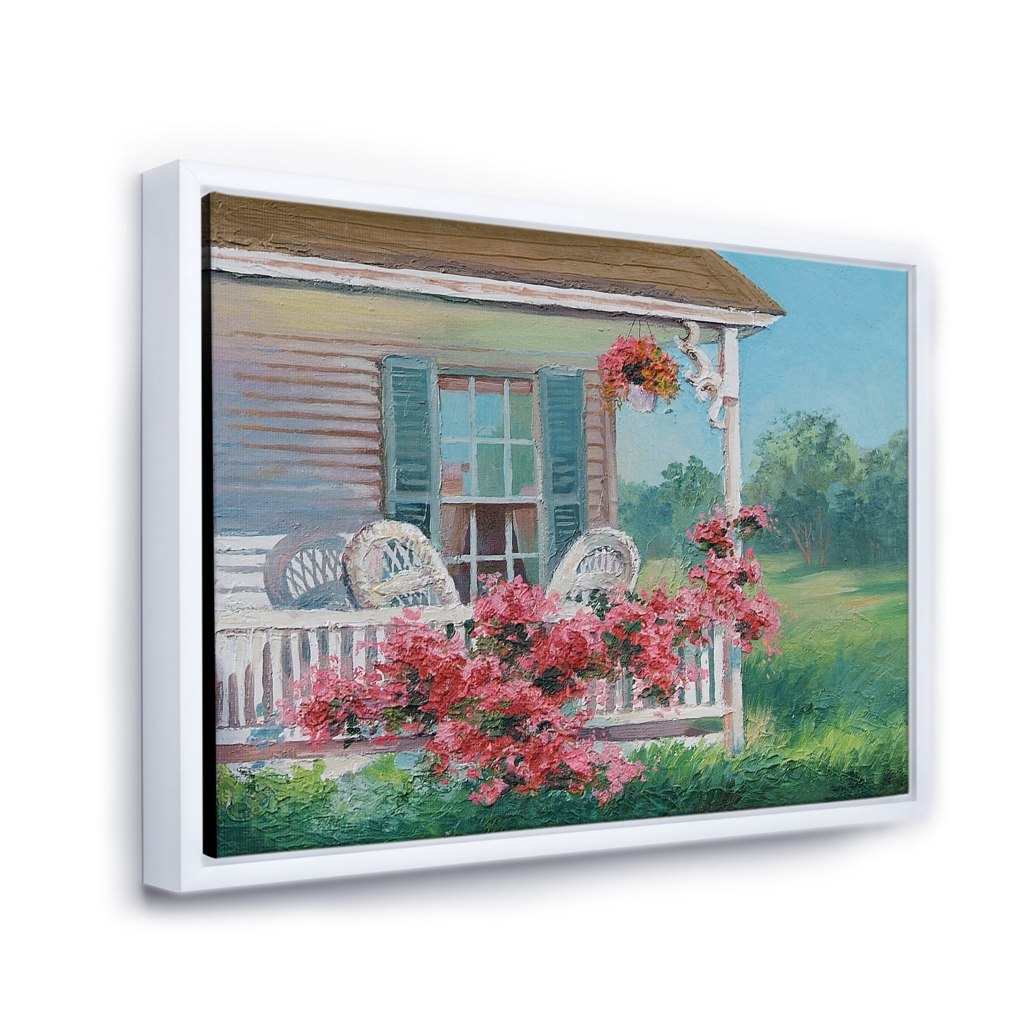 Patio & Blossiming Red Flowers With Wooden House 32 in x 16 in Framed Painting Canvas Art Print, by Designart