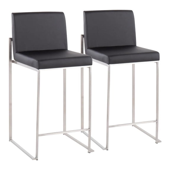 LumiSource Stainless Steel, Black PU Fuji High Back Counter Stool - Set of 2