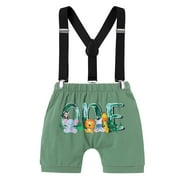 IBTOM CASTLE Baby Boy 1st Birthday Outfit Jungle Woodland Animal Romper + Bloomers + Suspenders 3PCS Clothes Set Photography 12-18 Months Teal Blue