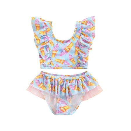 

Canis Kids Girls Casual Swimsuit Sleeveless Backless Printed Ruffled Tops+Mesh Patchwork Panties