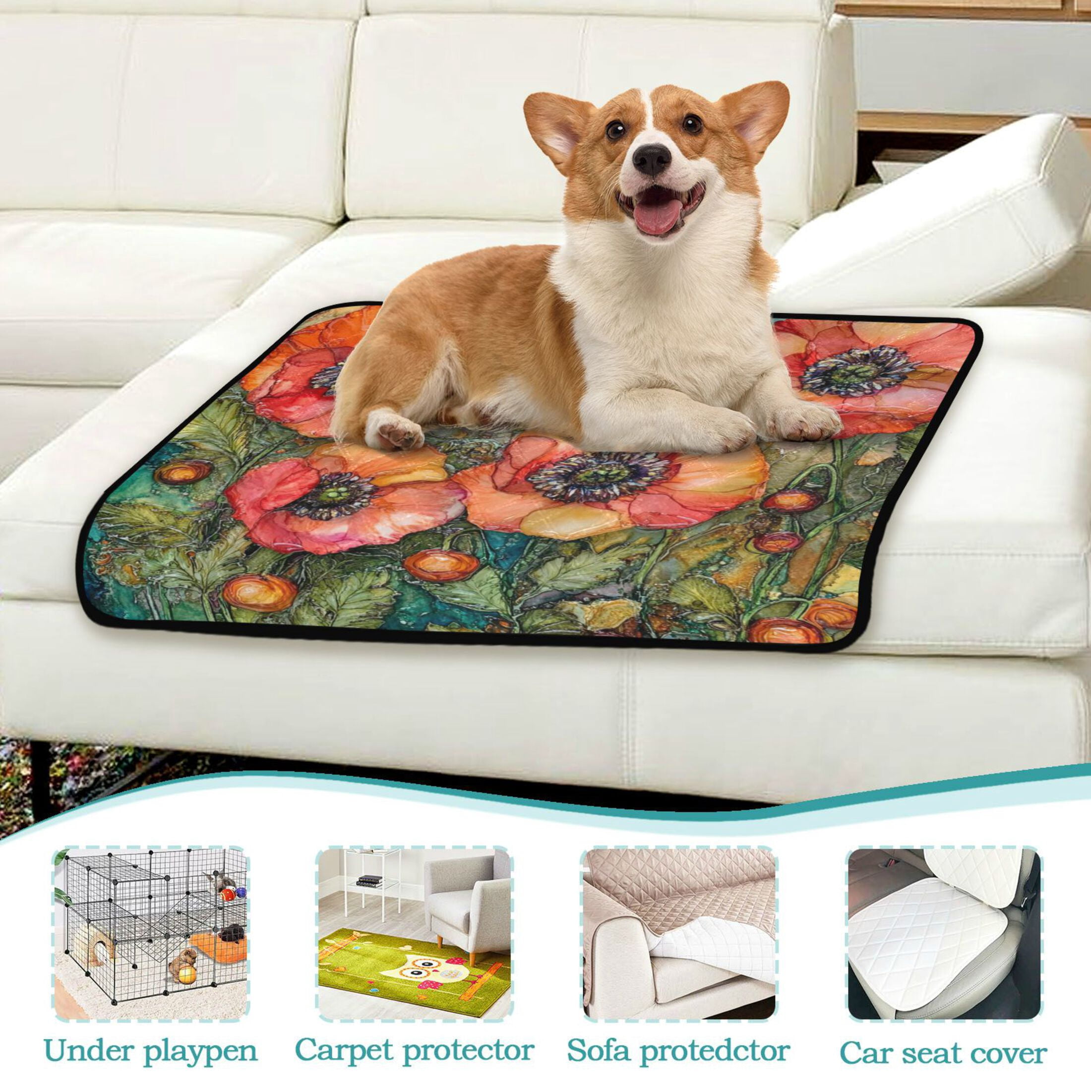 Qxltty Red Poppies Cat litter Pads Pet Set of 3 Diaper Mats Center Anti-leakage Layer Absorbent Soft and Comfortable