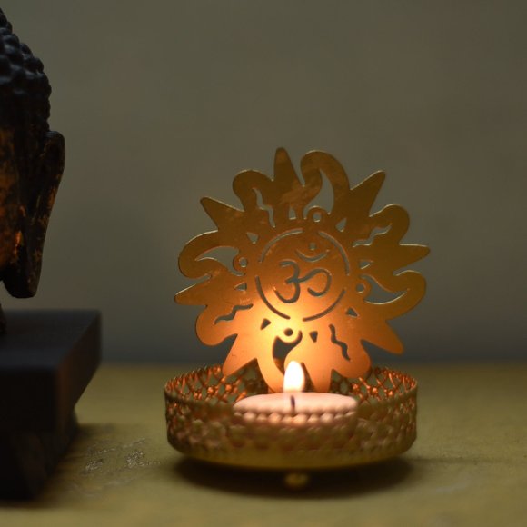 Handcrafted Golden Om Shadow Tea Light Candle Holder