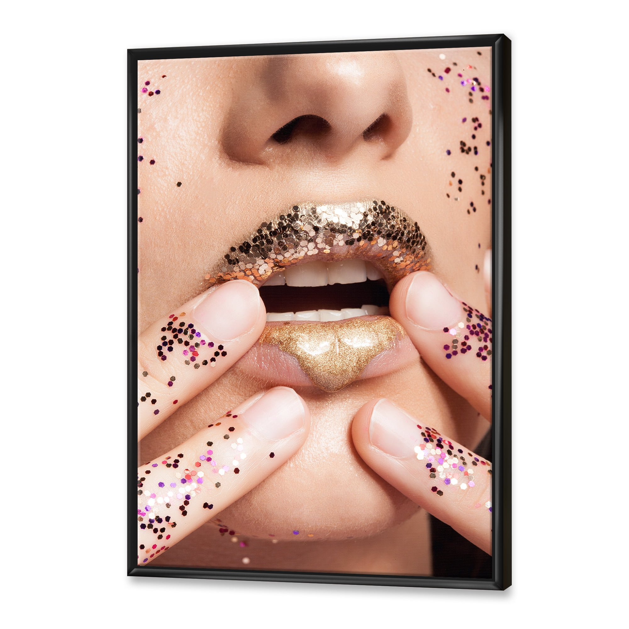 Female With Golden Lips and Glitter On Her Hands 24 in x 32 in Framed Photography Canvas Art Print, by Designart