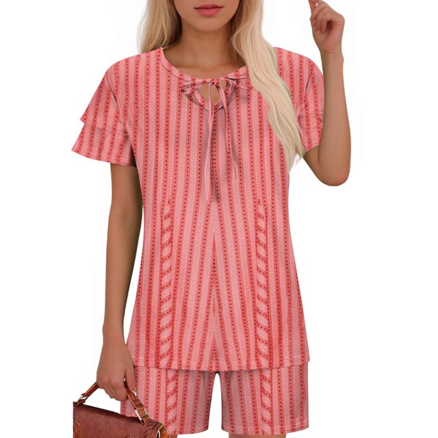 Ensembles de Pyjama pour Femmes 2 Pcs, Mode Décontractée pour Femmes Manches en Dentelle Imprimée Haut Décontracté Pantalon Ensemble de Pyjama
