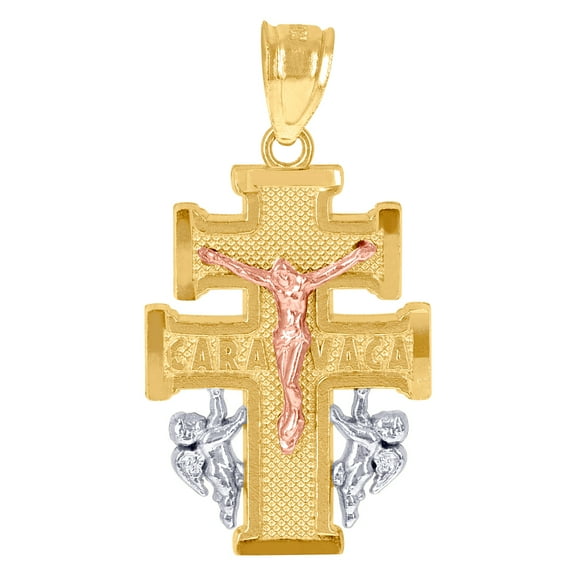 10k Tri-color Gold Mens Women Caravaca Crucifix Religious Charm Pendant 28.7x15.20mm Wide Necklace for Men