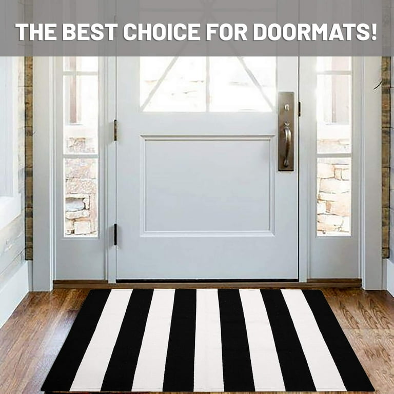 Cotton Navy and White Striped Rug 3x5 Outdoor Doormat Washable Woven Front  Porch Decor Outdoor Indoor Welcome Mats for Front Door/Farmhouse/Entryway/Home  Entrance Black and White Outdoor Rug 