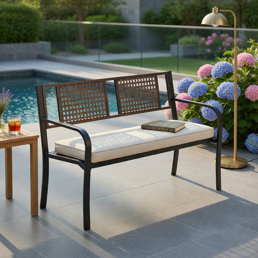 Hommoo 50" Outdoor Metal Patio Bench for 2-3 People, Rattan-Style Garden Bench with Heavy-Duty Steel Frame & Anti-Slip Feet, Black
