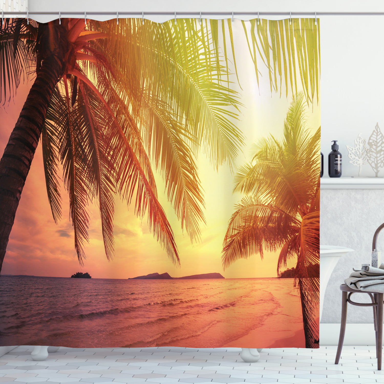 Beautiful Sunset Polyester Curtain Liner Waterproof Bathroom Fabric 12 Hook Mats 