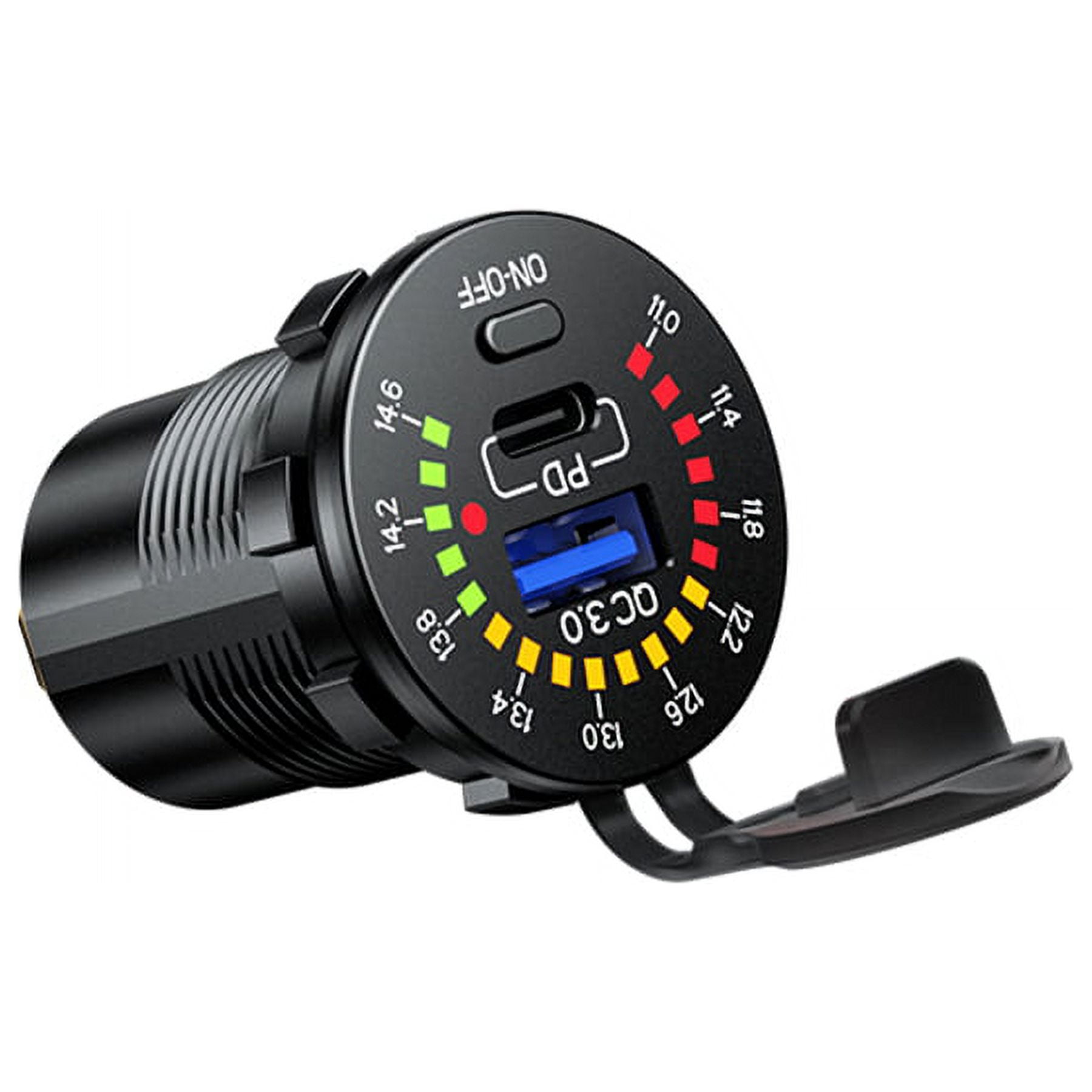 Car Dual USB Fast Charger Socket QC 3.0 +PD Type-C w/LED Voltmeter On/Off Switch