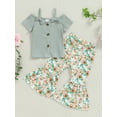 thumbnail image 2 of Suealasg 2Pcs Toddler Kids Girl Summer Clothes 1T 2T 3T 4T 5T Short Sleeve Cold Shoulder Ribbed Tops +Flower Print Flare Pants Little Girl Casual Outfits, 2 of 7