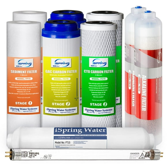 iSpring F10KU 1-Year Replacement Filter Set for 7-Stage RO Water Filtration Systems, Includes Alkaline Mineral &amp; UV Filters, 10 Pieces, No RO Membrane