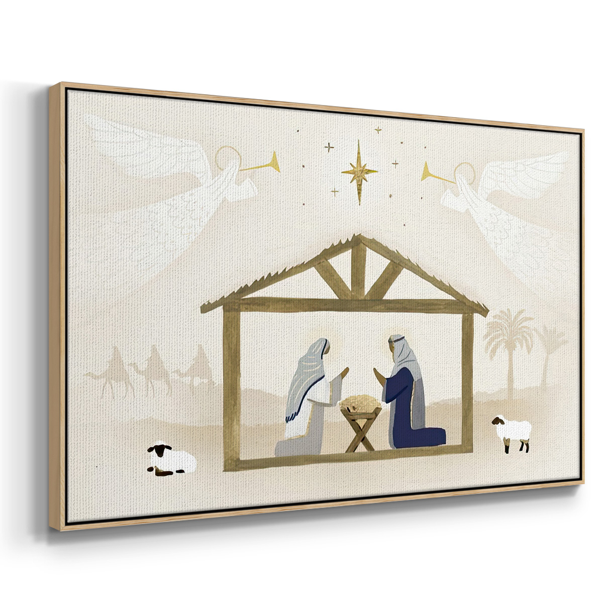 Away in a Manger Collection A - Framed Gallery Wrapped Holiday Canvas - 17 x 25 - Natural Wood Frame