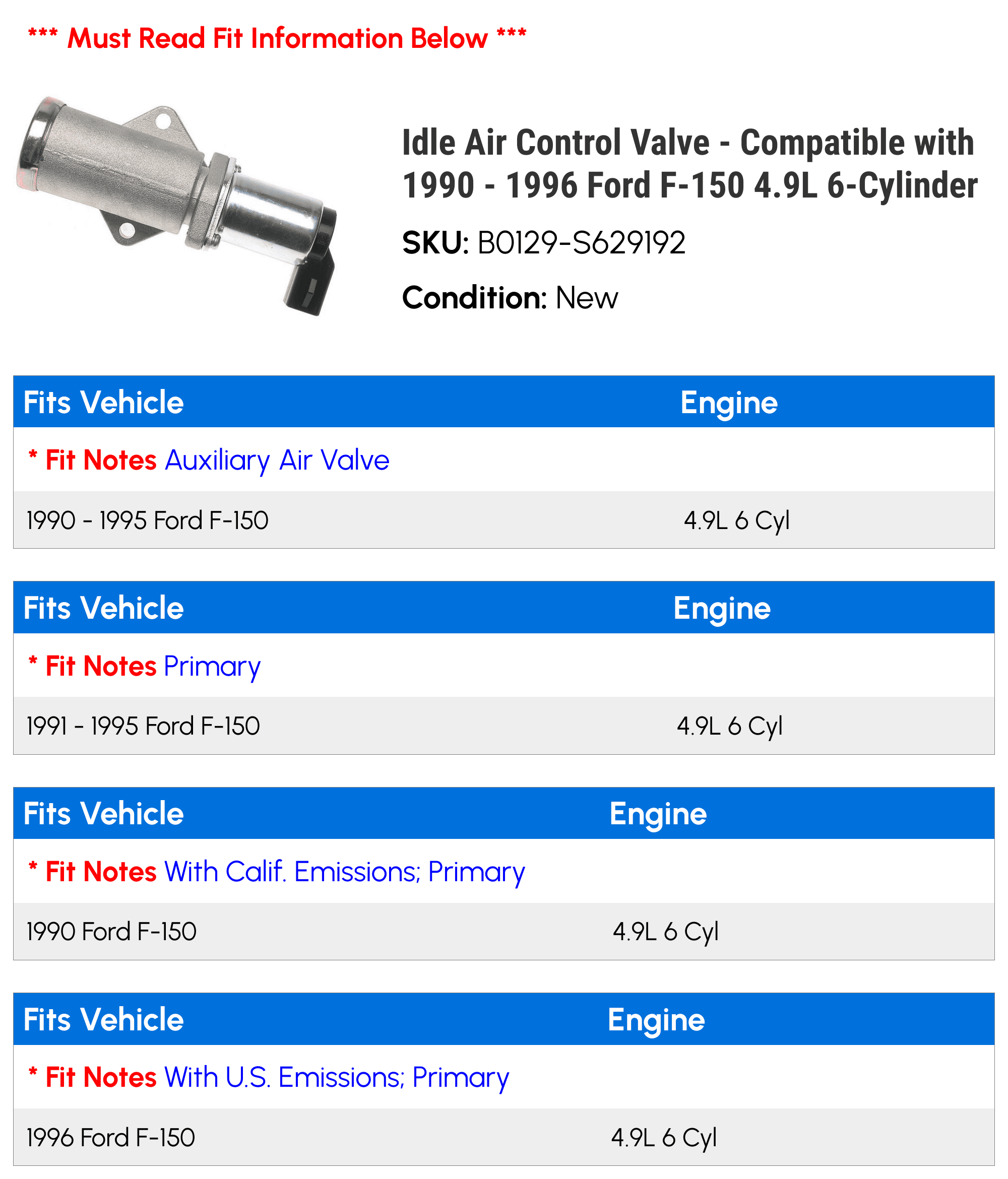 Idle Air Control Valve - Compatible with 1990 - 1996 Ford F-150 4.9L 6-Cylinder 1991 1992 1993 1994 1995