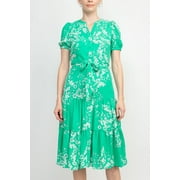 Nanette Lepore V-Neck Short Sleeve Tie Waist Floral Print A-Line Crepe Dress-GREEN / 16