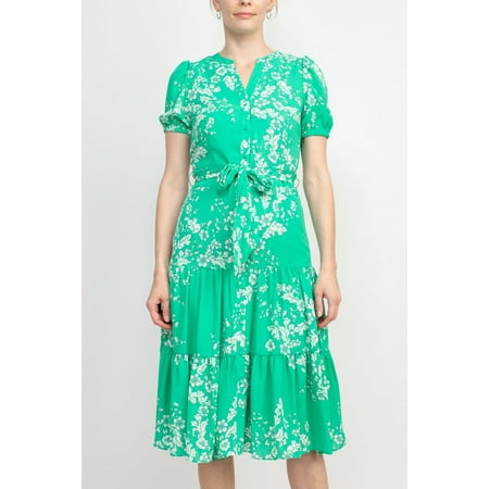 Nanette Lepore V-Neck Short Sleeve Tie Waist Floral Print A-Line Crepe Dress-GREEN / 16