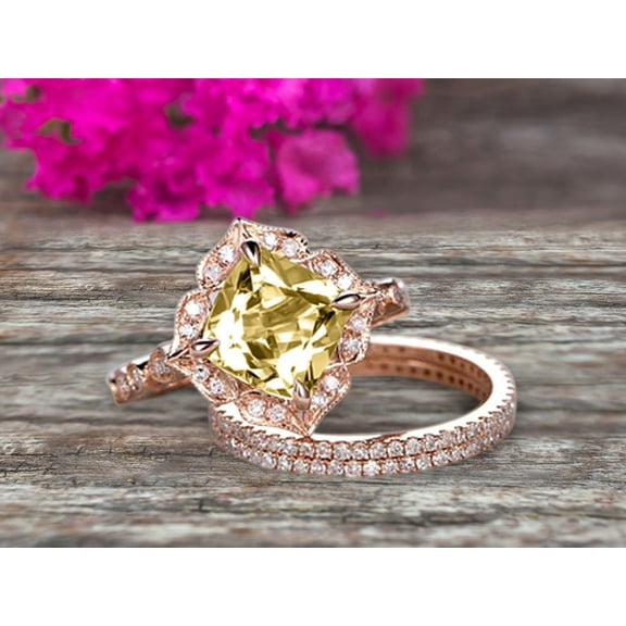 Trio Set 10k Rose Gold 3.05 Carat Champagne Diamond Moissanite Wedding Set Engagement Ring Antique Stacking Matching Band Art Deco