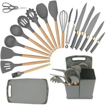 Silicone Cooking Utensils Set, 19Pcs Non-Stick Heat Resistant Kitchen Utensils Spatula Set with Stainless Steel Chef's Knife Set, Cooking, Mixing, Best Kitchen Gadgets Tools with Holder (Grey)