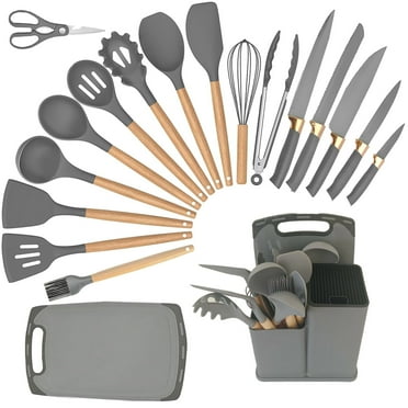 Silicone Cooking Utensils Set, 19Pcs Non-Stick Heat Resistant Kitchen Utensils Spatula Set with Stainless Steel Chef's Knife Set, Cooking, Mixing, Best Kitchen Gadgets Tools with Holder (Grey)