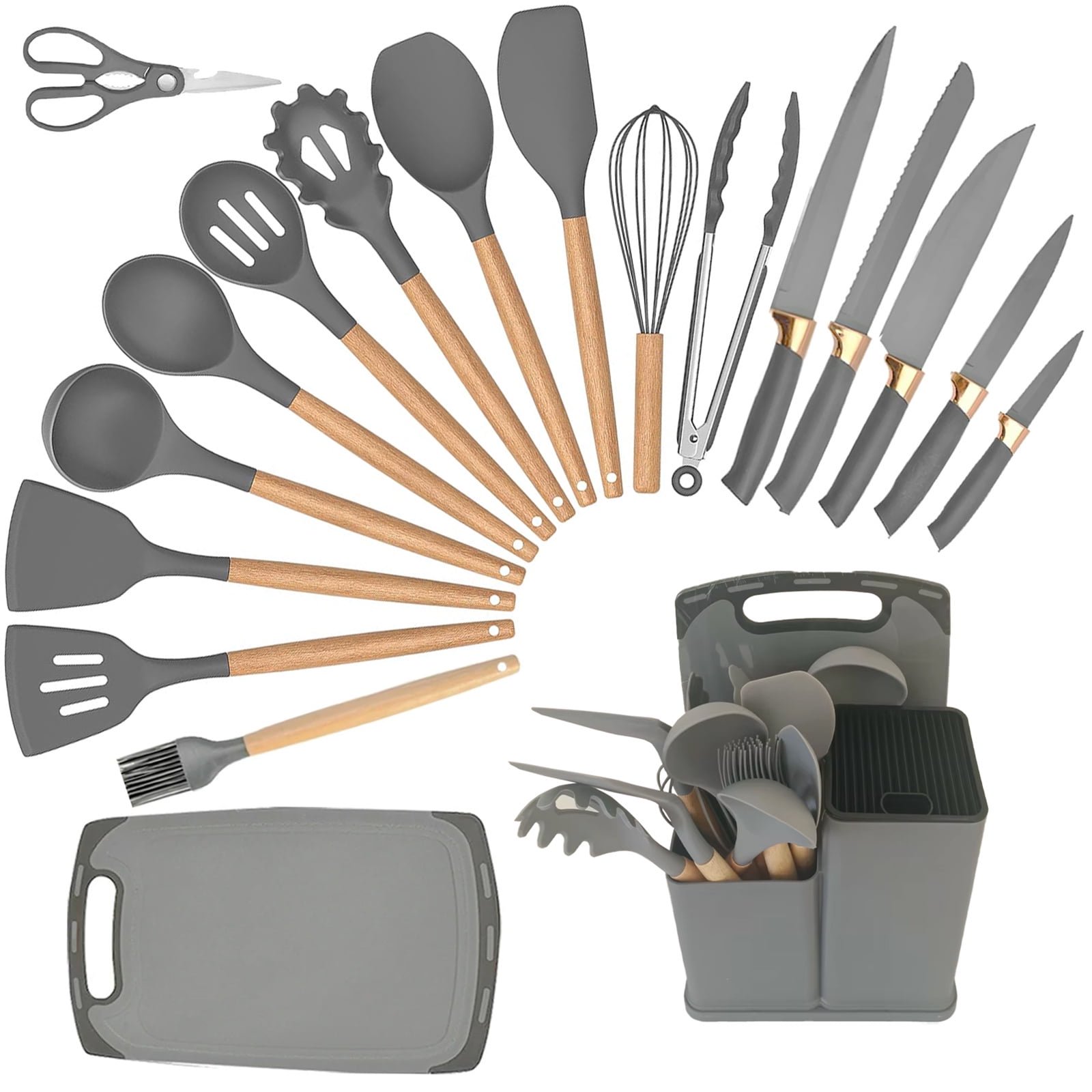 Silicone Cooking Utensils Set, 19Pcs Non-Stick Heat Resistant Kitchen Utensils Spatula Set with Stainless Steel Chef's Knife Set, Cooking, Mixing, Best Kitchen Gadgets Tools with Holder (Grey)