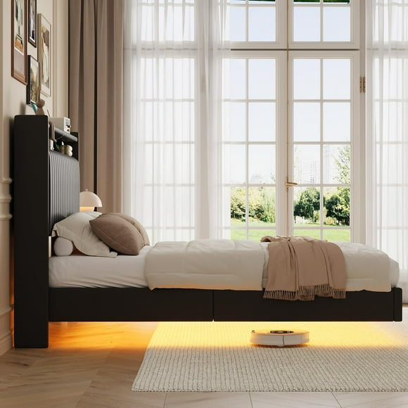 GloryStar Floating Bed Frame with RGB LED Lights & Charging Station, Upholstered Platform Bed Frame with Storage Headboard, 50” Tall Headboard Leather Bed Frame Queen Size No Box Spring Needed