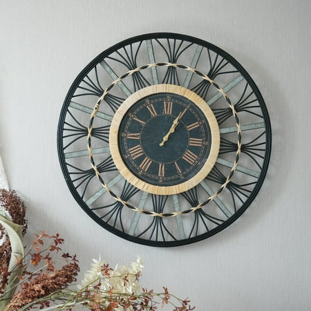 Industrial Farmhouse Wall Clock with Roman Numerals – 28-Inch Large Metal and Wood Decorative Clock, Open Frame Design