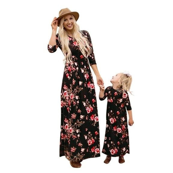 Odeerbi Family Clothes Mother And Daughter Women 3/4 Sleeve Floral Print Dress Family Matching Clothes Black M