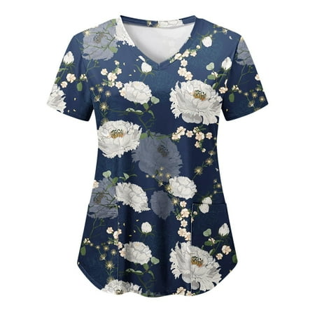 

Sksloeg Scrub Tops daisy Flower Printed Scrub Tops With Pockets Short Sleeve V-Neck Shirts Nursing Working Uniform Navy XXL