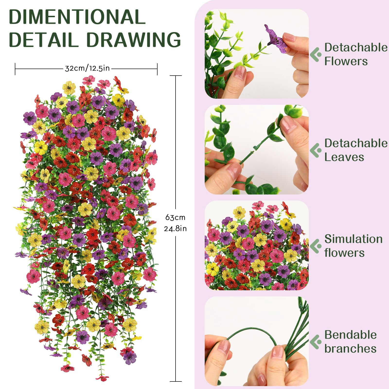 Alupssuc 4 Pcs Artificial Spring Flowers, UV Resistant Fake Hanging Plants Faux Silk Violets for Outdoors Decoration, Red, Rose, Purple, Yellow