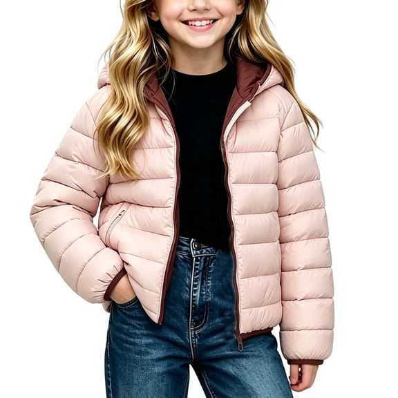 Spazoro Girls Hooded Puffer Jacket with Pockets, Warm Lightweight Solid Color Zip Up Long Sleeve Winter Outerwear Coat Pink Size 12-13