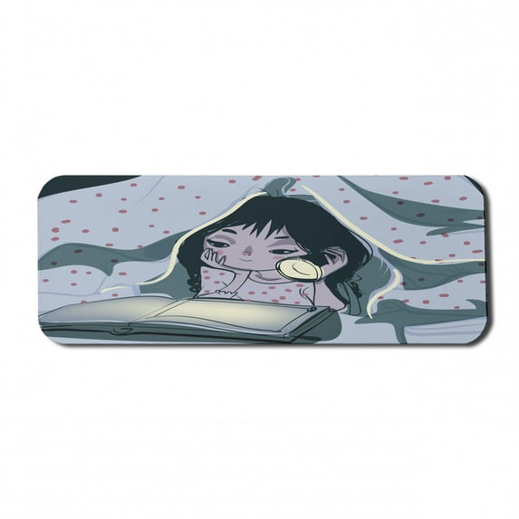 Cartoon Computer Mouse Pad, Little Girl Reading Book Under Blanket Using Bedroom, Rectangle Non-Slip Rubber Mousepad Large, 31" x 12" Gaming Size, Cream Baby Blue, by Ambesonne