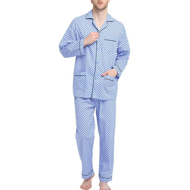 GLOBAL Conjuntos de Pijamas de Algodón para Hombre, Ropa de Dormir de Manga Larga con Botones, Ropa de Dormir Cómoda, Conjunto de Pijama Suave Azul Cielo XL